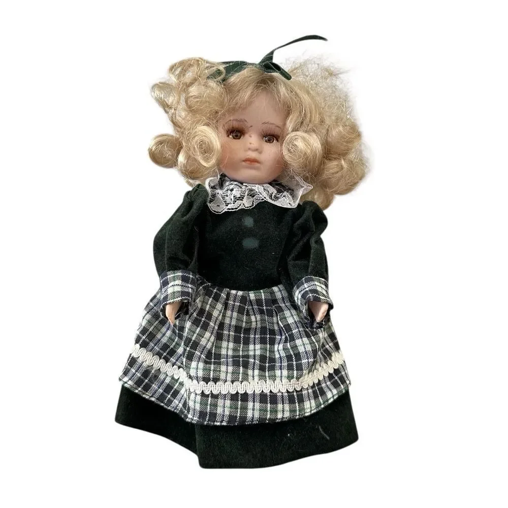 Vintage Porcelain Doll Lot Set of 2 Plaid Dresses Collector Decor